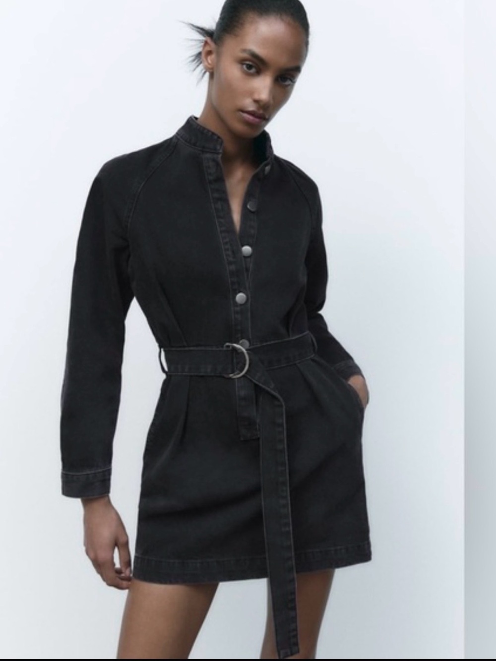 Black Denim Long Sleeve Belted Mini Dress